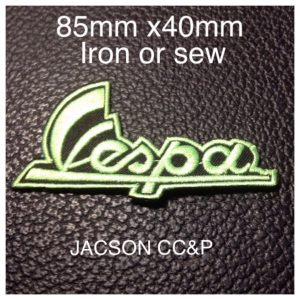 VESPA EMBROIDERED IRON OR SEW ON BADGE/PATCH IN BRIGHT GREEN APROX 85mm X 40mm